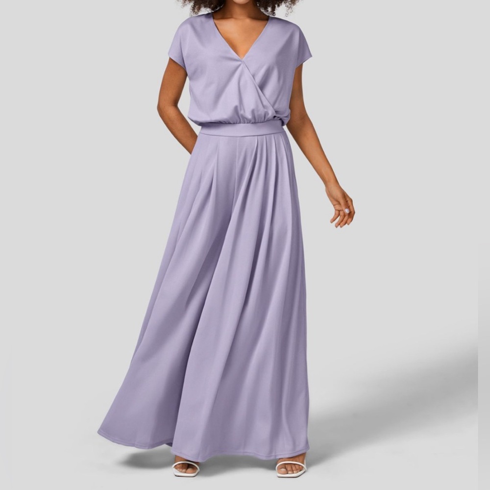 V Neck Plicated Side Pocket Wide Leg Flowy Waffle Casual Jumpsuit NWOT